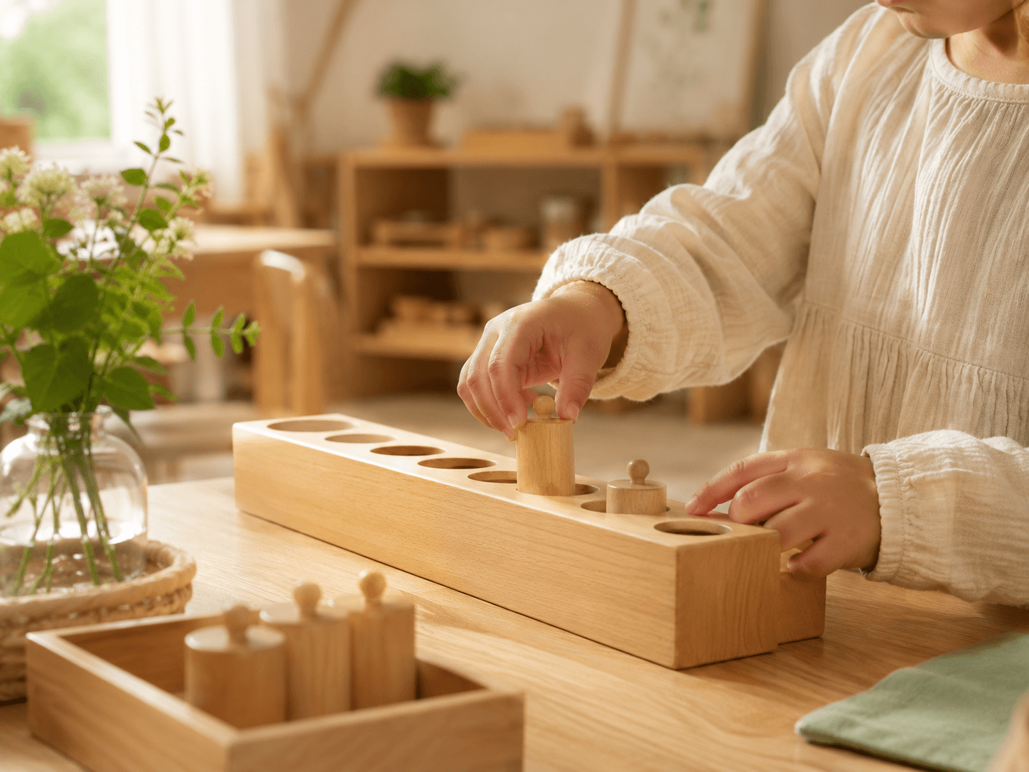 Enfant travaillant calmement avec du materiel Montessori dans un environnement prepare.